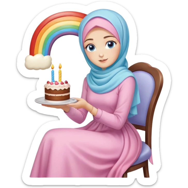 Turkish beautiful finish Konya girl blue eyes with pastel hijab long tail dress and sits on the chair and holds rainbow cake with her hand  sticker