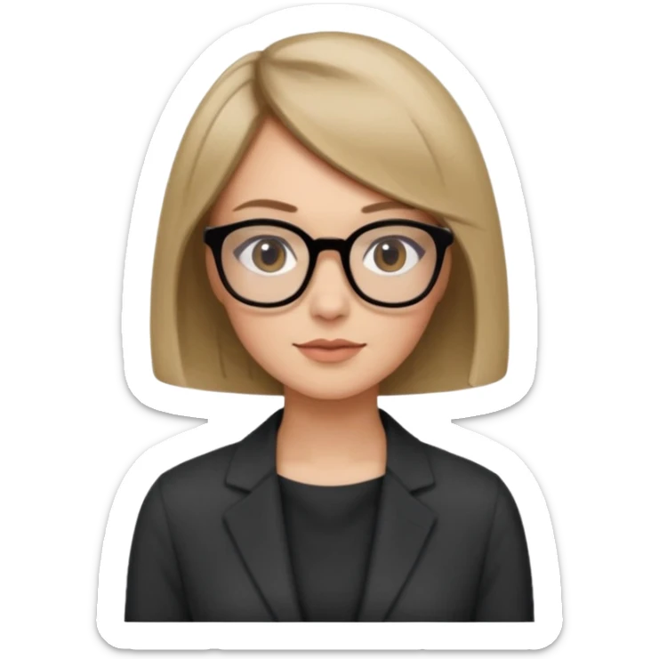 woman dark blonde petite bob haircut wears dark squarish glasses, classic clothes sticker