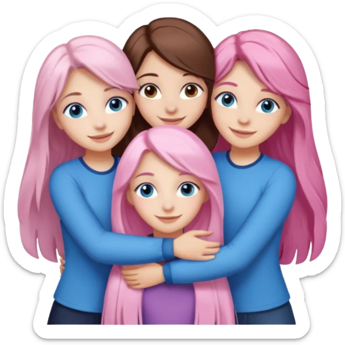 four white grips hugging and smiling    2 girls with brown eyes and long dark brown hair. One girl with long light pink hair and blue eyes, one girl with blue eyes and light blonde hair sticker