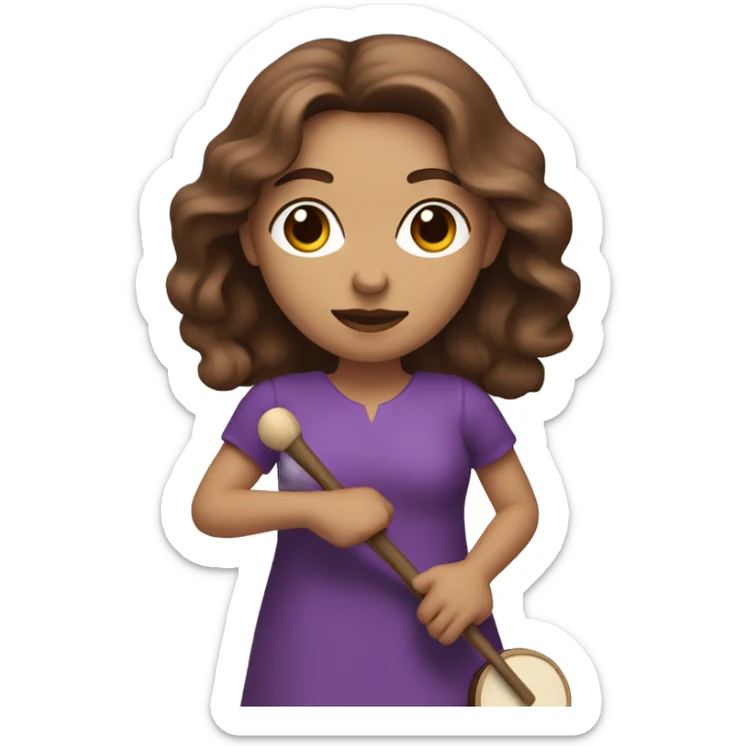 White woman standing with long flowing purple dress and long wavy brown hair holding a small handheld frame drum and a drum stick sticker