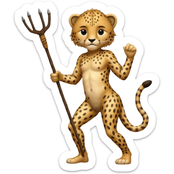 Give me a human who has hunch back and wearing cheetah print lot of hair on his body show full body and has a stick in his hand sticker