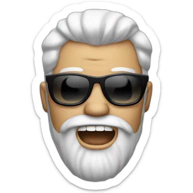 big head man with a beard and sunglasses and salt and pepper hair, yelling sticker