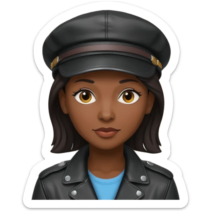 a leather Dom lesbian woman in her 40s with a black leather cap and black leather jacket sticker