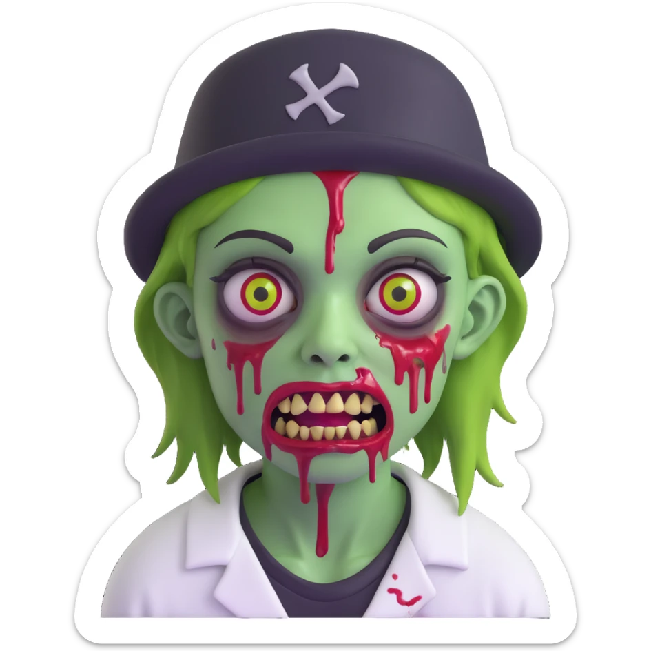 green zombie with blood on lower eyelid, wearing LA hat, white shirt, blood on mouth sticker