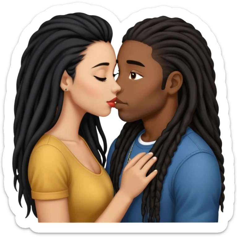 Latina Woman with long hair kissing a young black guy with dreads no beard sticker