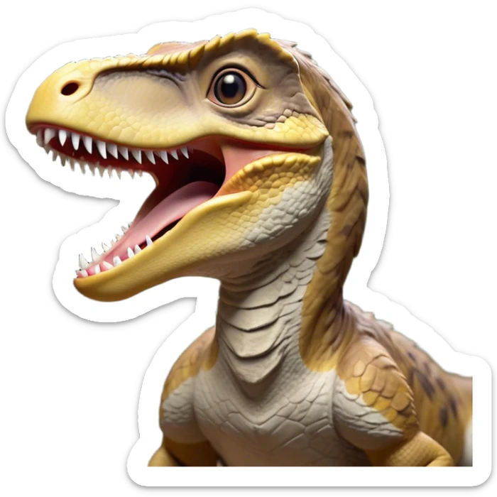 Cinematic Cute Yawning jurassic park Velociraptor Portrait Emoji, Head tilted slightly with a dramatic, wide-open yawn, showcasing a lean, powerful body with a relaxed snout and sleepy, half-closed eyes that hint at both ferocity and fatigue, Simplified yet irresistibly cute features, highly detailed, glowing with a soft, cozy prehistoric glow, high shine, relaxed yet expressive, stylized with a hint of whimsical ancient ease, soft glowing outline, capturing the essence of a drowsy yet endearing jurassic park Velociraptor that appears ready to stretch and yawn its way out of the screen! sticker