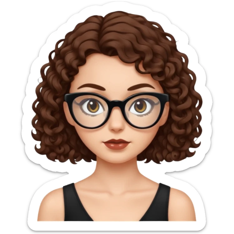 white girl with chest-length brown curls and black cat-eye glasses sticker