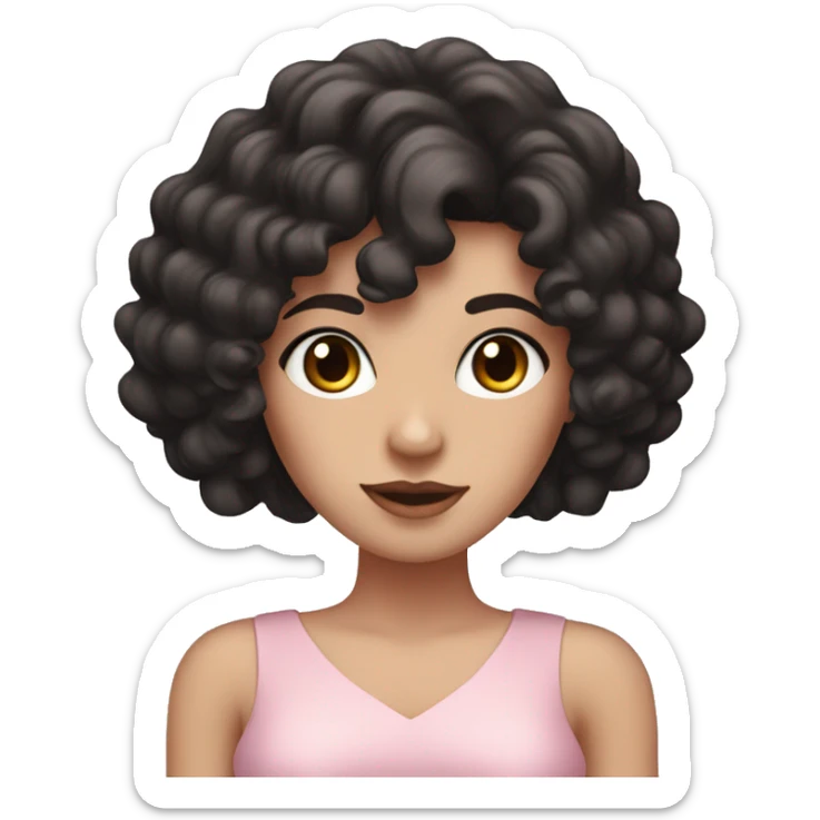 White woman with long black curly hair and bangs and dark brown eyes, wearing a pastel pink dress sticker