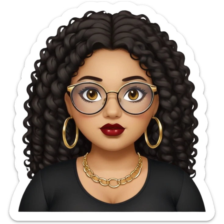 teen big plus size, latina, darker tan skin, gold hoops, long black curly hair, baddie,pretty, makeup, dark red lipgloss, black eyeliner, long hair, black top, black glasses sticker