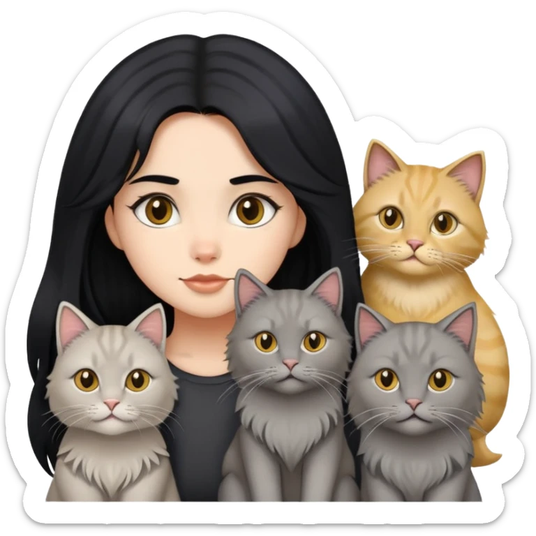 black hair girl with a grey longhair cat and four british longhair golden sticker