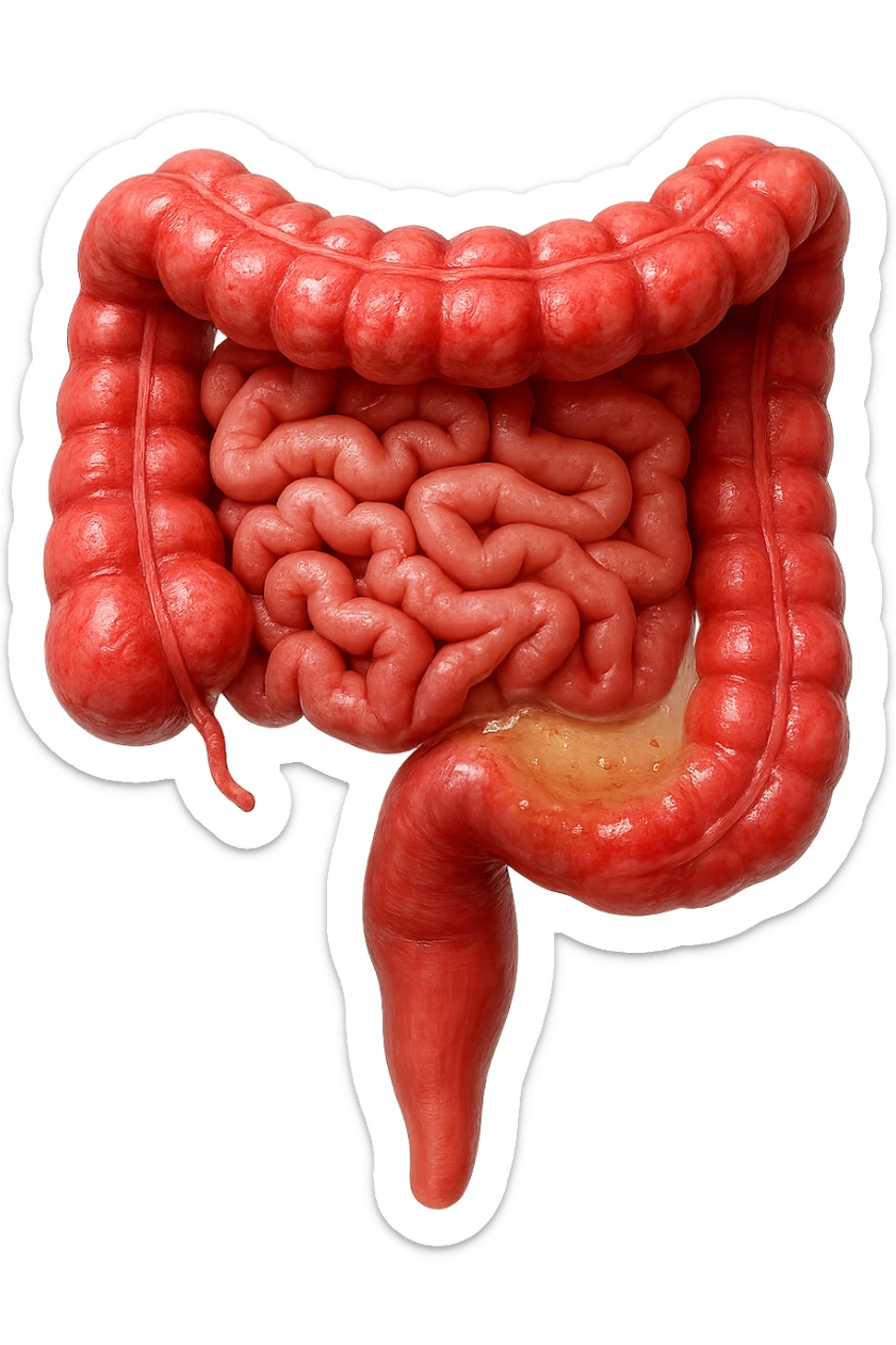 intestino anatomico umano affetto da gastroenterite, diarrea liquida nel colon ben visibile, iperrealistico 4k sticker