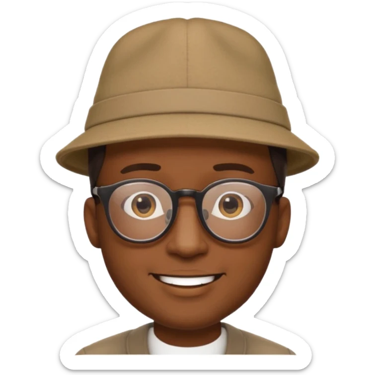 black man with glasses, gentle smile, wearing a hat, Soul movie style, emoji style sticker