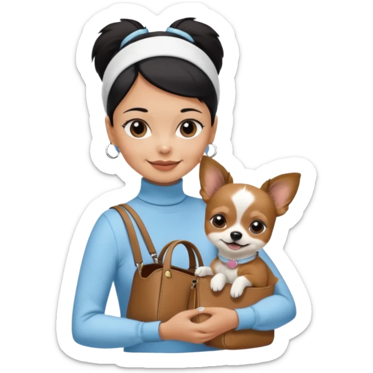 tan skin woman, with very short black hair in a slicked back ponytail with forehead showing, with white headband, wearing solid pastel blue turtleneck shirt, smiling carrying dark brown-white furry fuzzy chihuahua papillon dog inside dog purse sticker