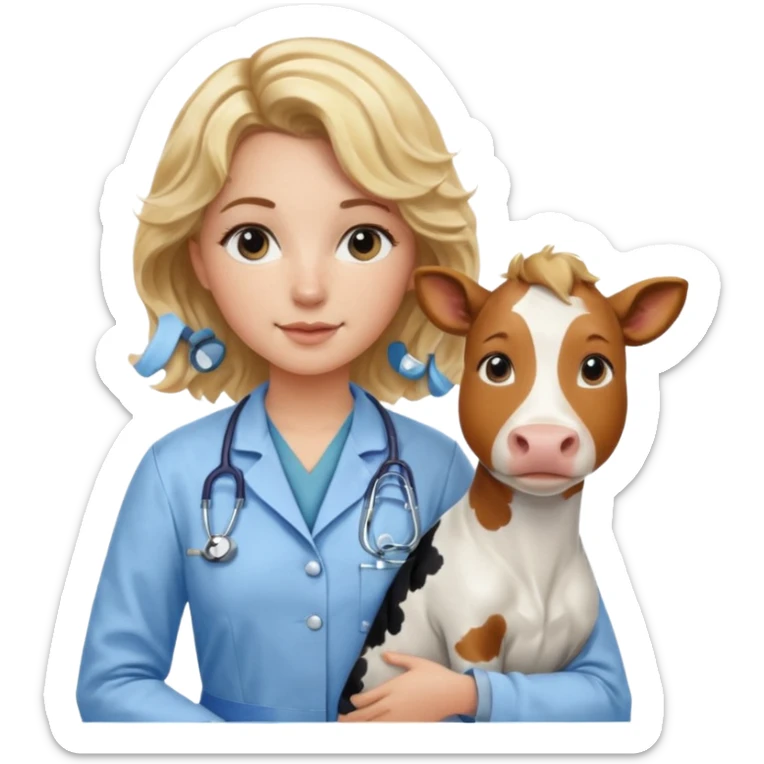 Joven mujer, de cabello bajo los hombros rubio con ondas y partidura al medio.  veterinaria de perros, vacas y caballos, con traje clínico celeste, sin delantal blanco sticker