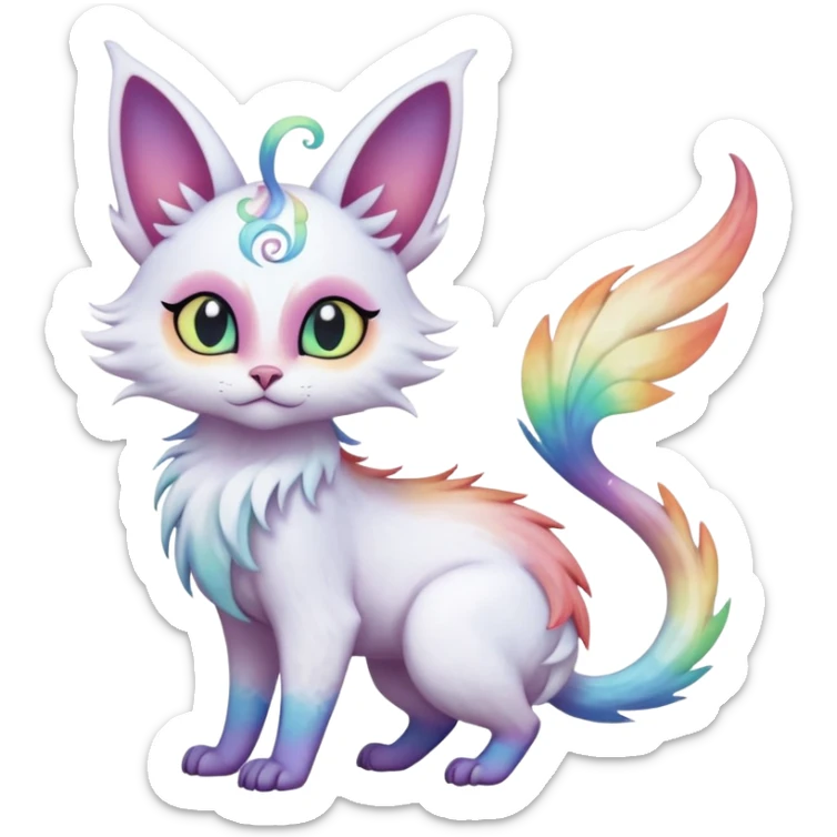 Pure-snow-White albino iridescent with pastel rainbow-gradients-color-markings with swirly patterns butterflies  faerie-Noivern-Noibat-Purloin-Torracat-Lykoi-Caracal-cat-Fakemon-fusion-hybrid-creature sticker