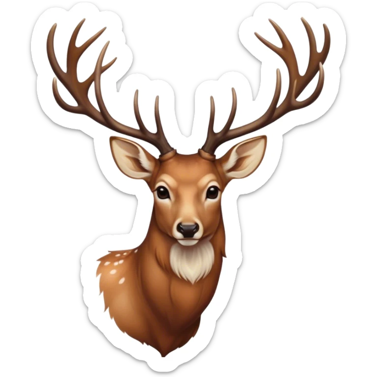Cinematic Noble Deer Portrait Emoji, Poised and regal, with a graceful, slender build and a dappled coat of warm browns and creams, elegant antlers crowning its head, deep-set soulful gentle eyes, Simplified yet sharp and sophisticated features, highly detailed, glowing with a soft, dignified glow, high shine, intelligent and serene, stylized with an air of forest majesty, focused and attentive, soft glowing outline, capturing the essence of a watchful woodland guardian, so majestic it feels as though it could gracefully leap out of the screen with effortless authority! sticker