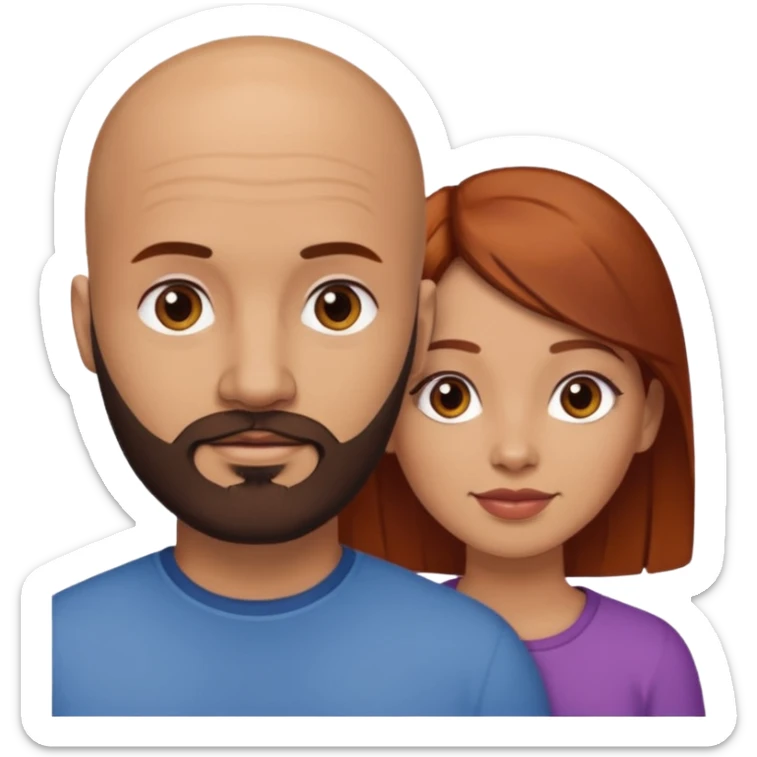 Couple. A bald man with dark brown beard and a girl with light skin. She is a redhead and has dark yellow brown auburn hair. Different skincolor. She has very light skin. sticker