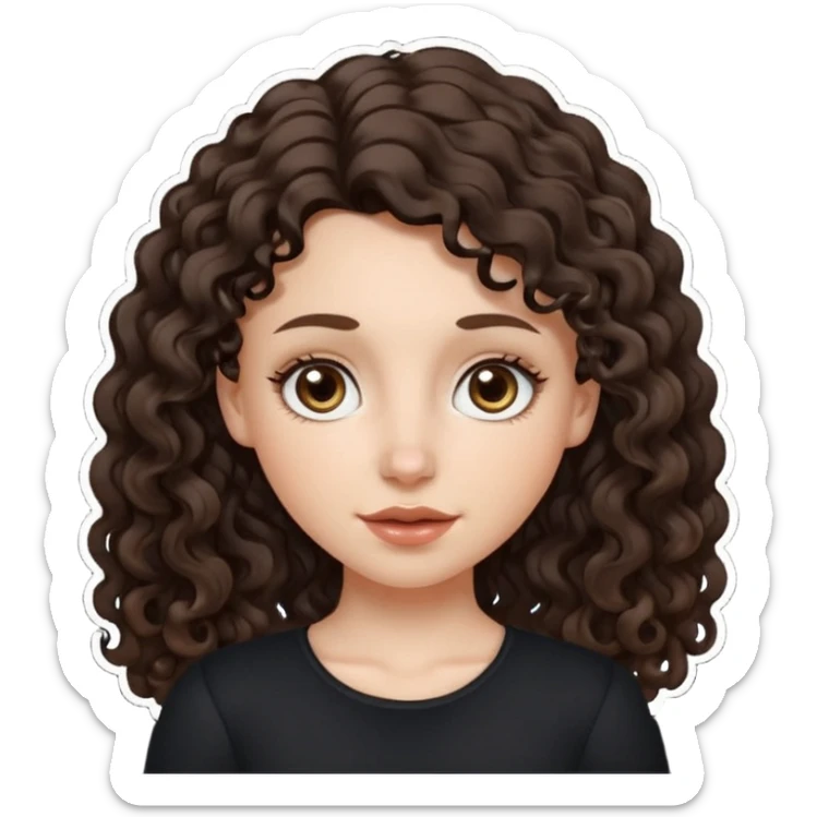 Aesthetic white girl with long curly hair color dark brown (almost black, but more brownish), hair most be in front of the shoulders. Big almond shape eyes color brown, small wide nose, natural lips, sweet expression. Dressed with a cute tight top color black. sticker
