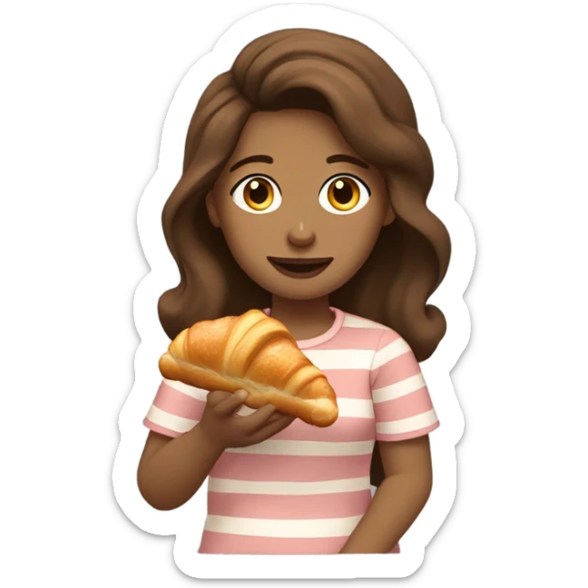 A girl with wavy brown hair, brown eyes, tan, eating a croissant with egg, bacon, and ham sticker