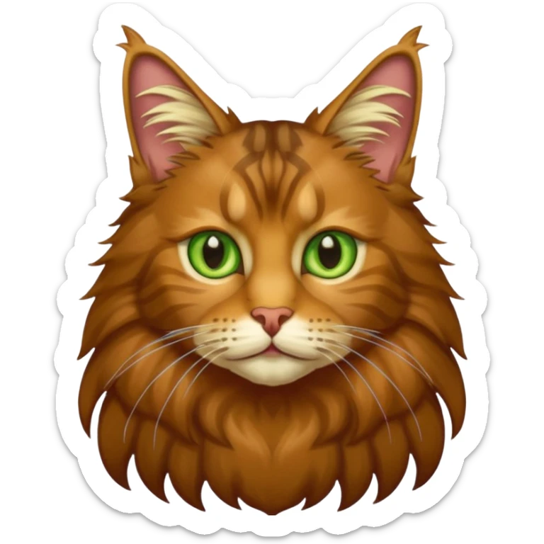 je veux un emoji chat main coon marron à poil long avec les yeux vert jaunes  sticker