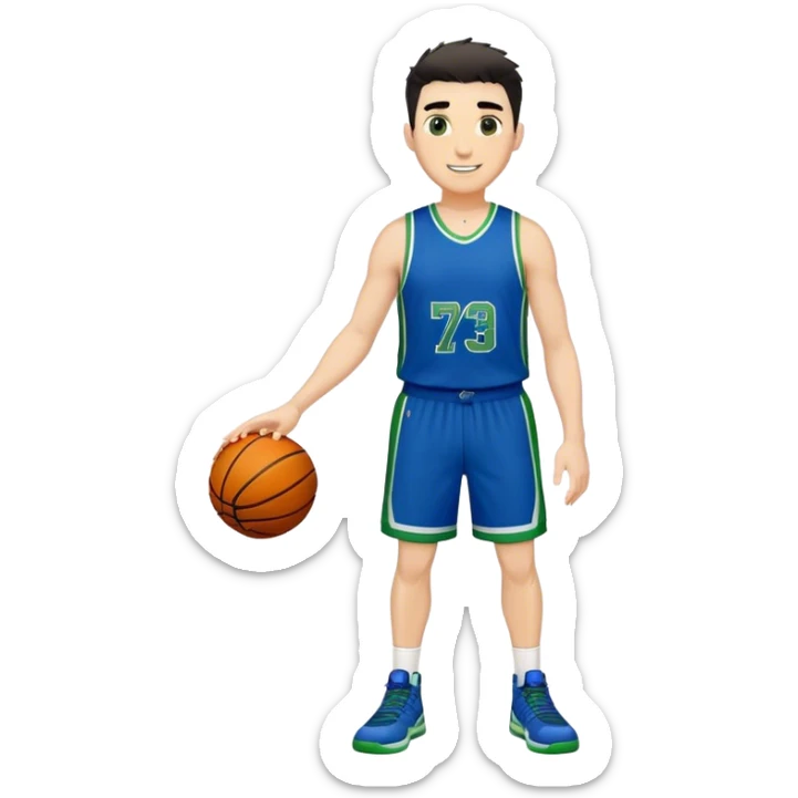 Full Body heavy tall white male with dark short spike hair basketball player wearing blue green uniform smiling sticker