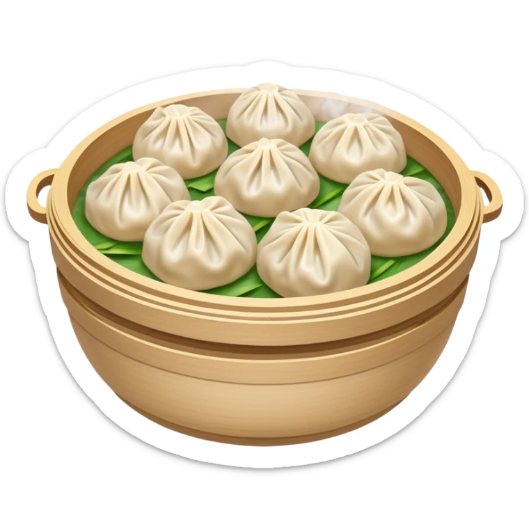 Hangzhou Xiaolongbao steamed soup dumplings with steam rising, simplified emoji style with bold outlines and bright colors, cartoon style Zhejiang specialty sticker