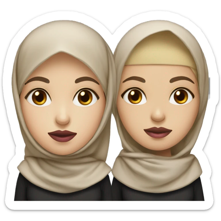 women with hijab with light skin, using a beige hijab and black shirt, have a dark eye color, and pink lips sticker