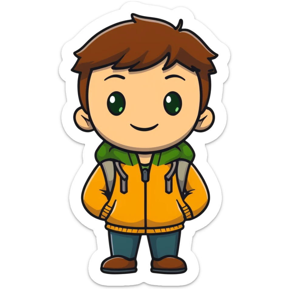 Rudeus Greyrat smiling warmly, green eyes, short brown hair, wearing travel clothes, friendly and kind expression sticker
