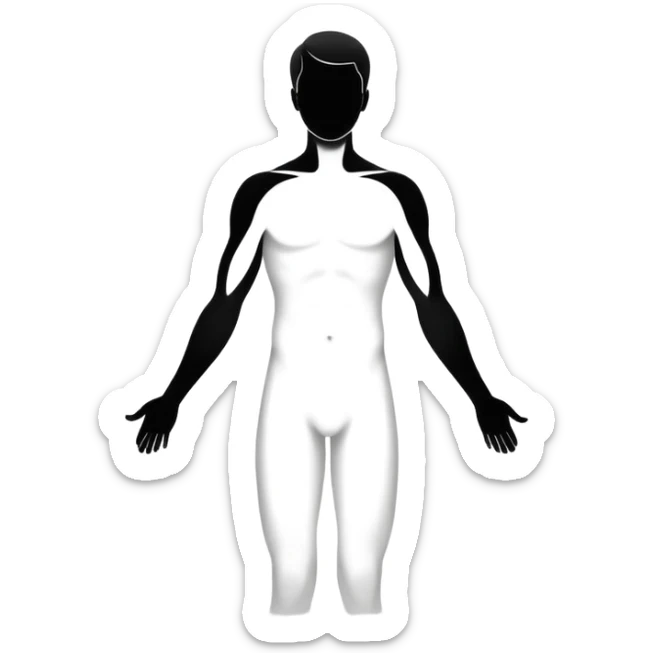minimalist b&w male silhouette with flowing black-and-white curves across the lower body, now overlaid with a small, softly glowing spark or radiant light near the chest or head — symbolizing inspiration, inner fire, and creative energy awakening” sticker