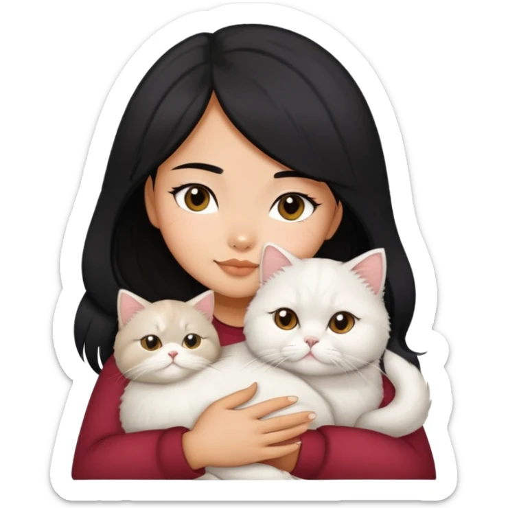 Black hair filipina girl snuggling ash white Persian cat sticker