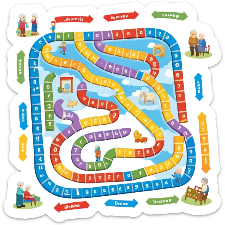 Game Board (like Chutes and Ladders) called Journey of Type 1 diabetes and Aging.  Subtext: Aging with Type 1 Diabetes, large enough to read for seniors  sticker