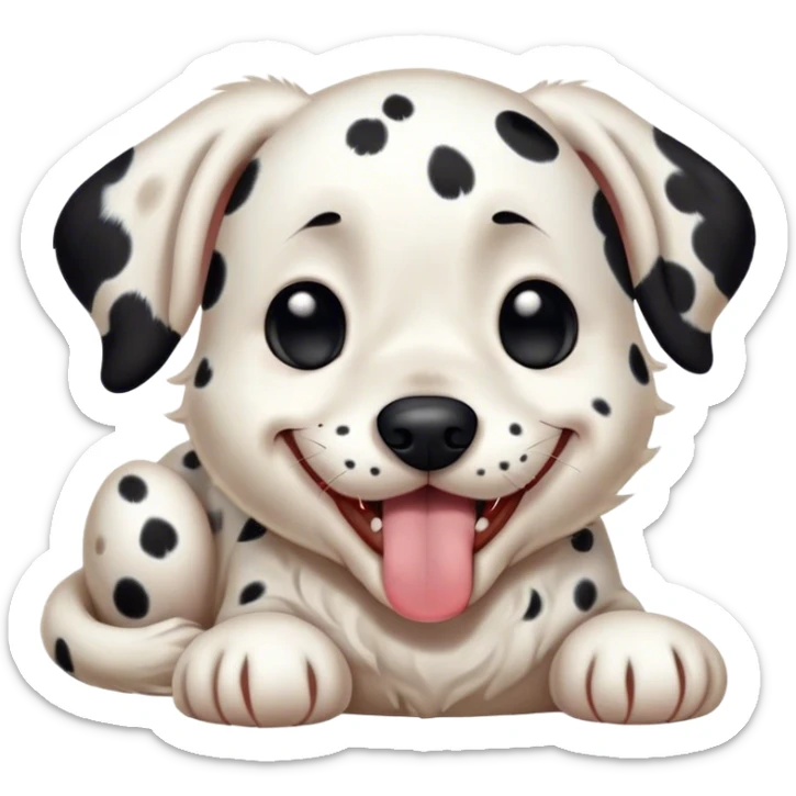 Cinematic Cute Yawning Spotted Dalmatian Portrait Emoji, Head tilted slightly with a dramatic, wide-open yawn, showcasing a smooth Fur of predominantly white with bold black patches, floppy ears slightly drooping, round eyes barely open in drowsy contentment, Simplified yet irresistibly adorable features, highly detailed, glowing with a soft, cozy glow, high shine, relaxed yet expressive, stylized with a touch of whimsy, bright and endearing, soft glowing outline, capturing the essence of a sleepy yet affectionate guardian, so drowsy it feels like it could stretch out of the screen and curl up for a nap! sticker
