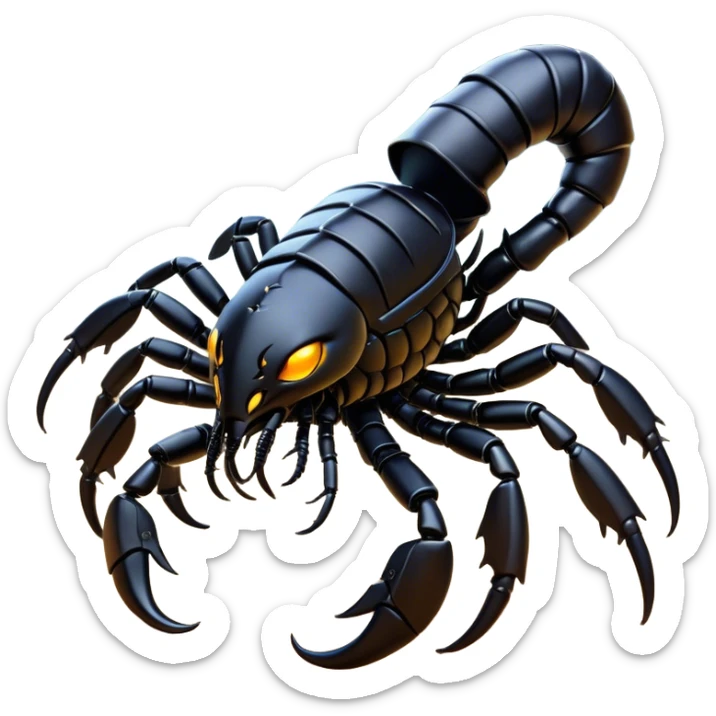 Cinematic Noble Emperor Scorpion Portrait Emoji, Poised and formidable, with a robust, armored build and a glossy, jet-black exoskeleton accented by striking, segmented pincers, deep-set piercing eyes, Simplified yet sharp and sophisticated features, highly detailed, glowing with a cool, dignified glow, high shine, intelligent and imposing, stylized with an air of ancient desert majesty, focused and attentive, soft glowing outline, capturing the essence of a watchful and commanding scorpion that feels as though it could silently creep out of the screen with effortless authority! sticker