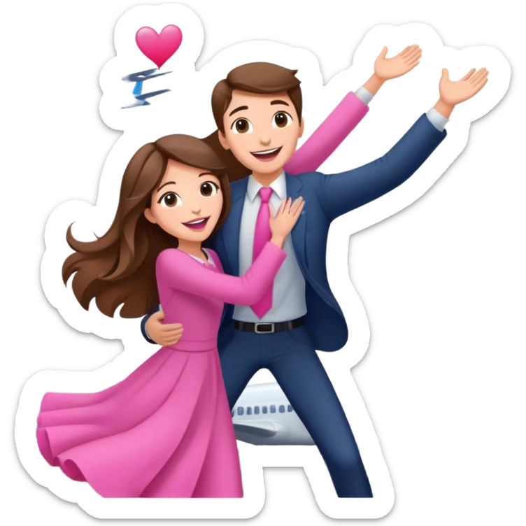  happy elegant beautiful girl flowy brown hair that is more valuable then corals excited to see the love of her life at the airport then the man lifts her up in the air embracing her this way she has pink lips sticker