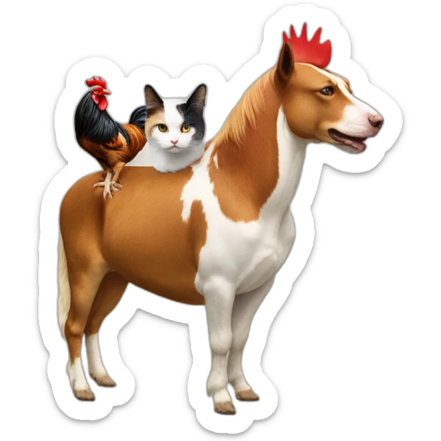 rooster on the back of a cat on the back of a dog on the back of a donkey  sticker