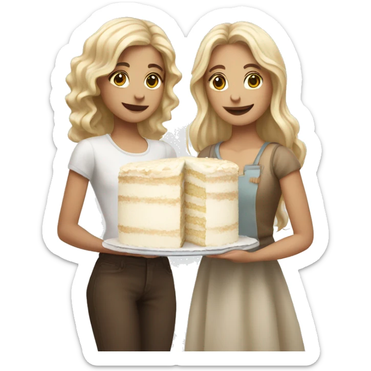 Blond wavy girl and brown straight hair girl together holding big white cake sticker