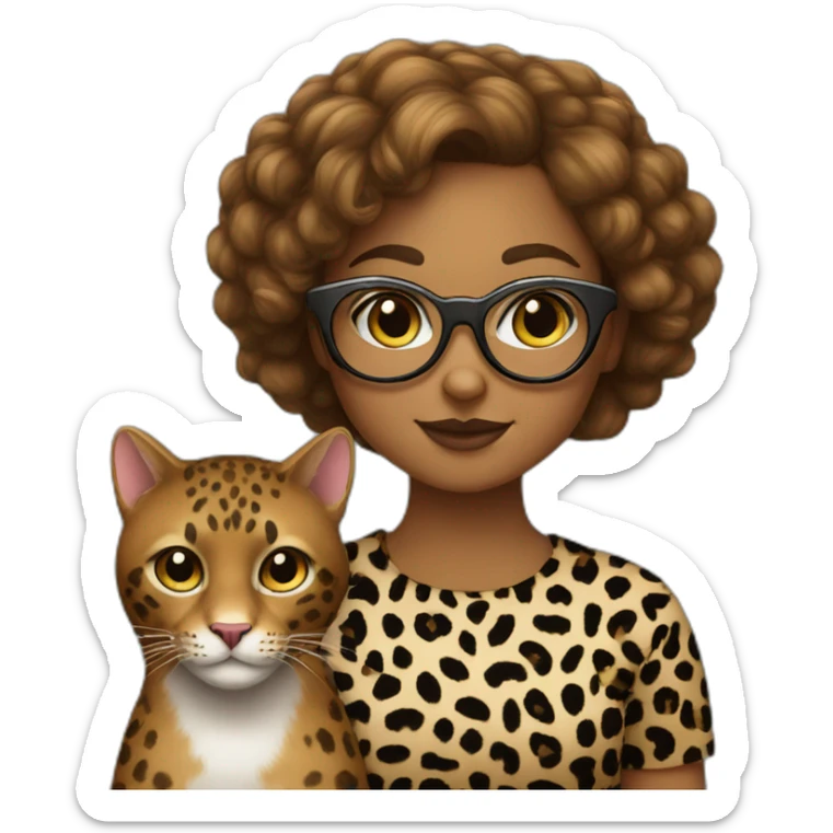 caramel-haired girl wearing glasses and a leopard shirt next to a black cat sticker