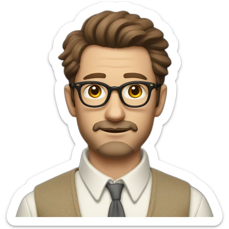 wes anderson character of a 40-year old man with short quiff and hipster beard, brown hair with a bit of grey, white oxford collar shirt all buttoned up (no tie) sticker