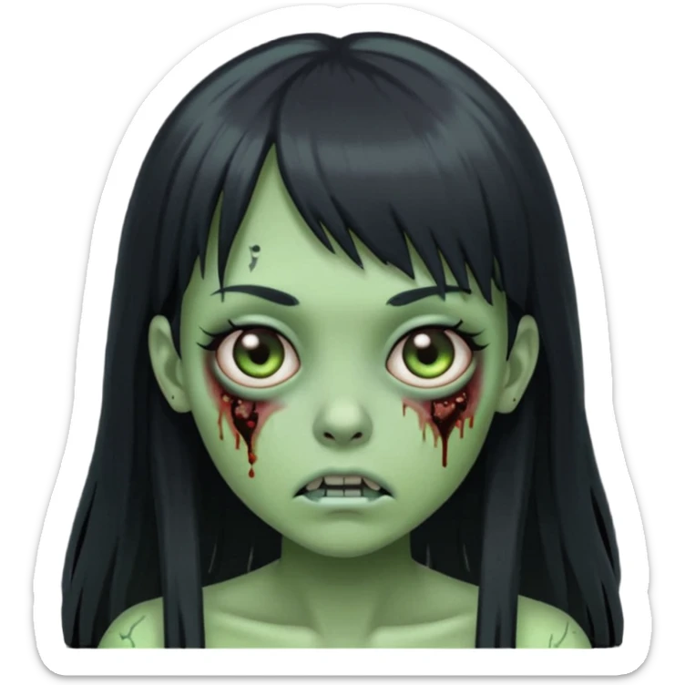 Zombie emoji girl, light green skin, black straight long hair with bangs sticker