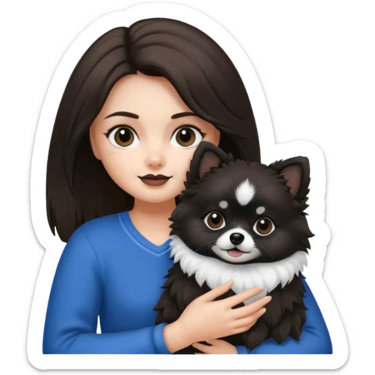 A brunette hair girl holding a black and white 1 Pomeranian dog who has black face but in the middle it’s white line sticker