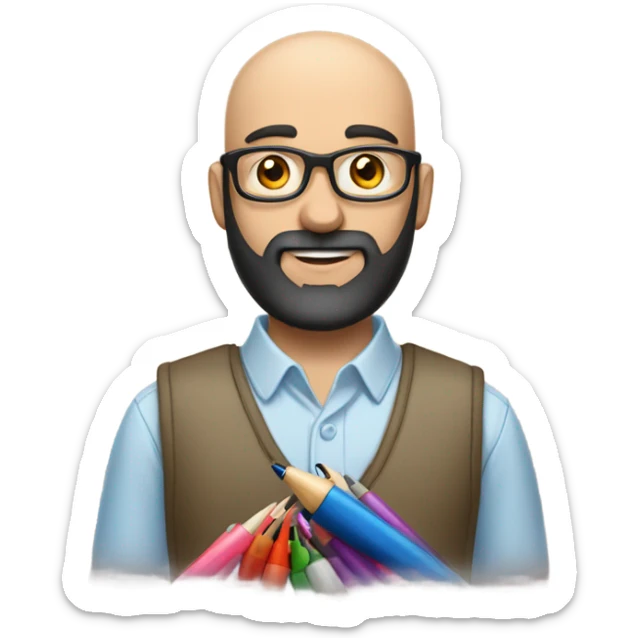 Balding man with black beard, cross on shirt, holding lots of pens  sticker