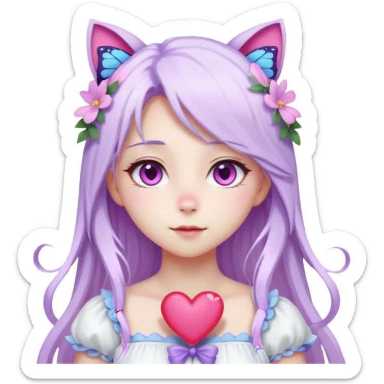 female anime character with pink eyes long white hair periwinkle highlights and cat ears on her head. She is wearing a white dress with purple flowers and butterfly. holding a heart sticker