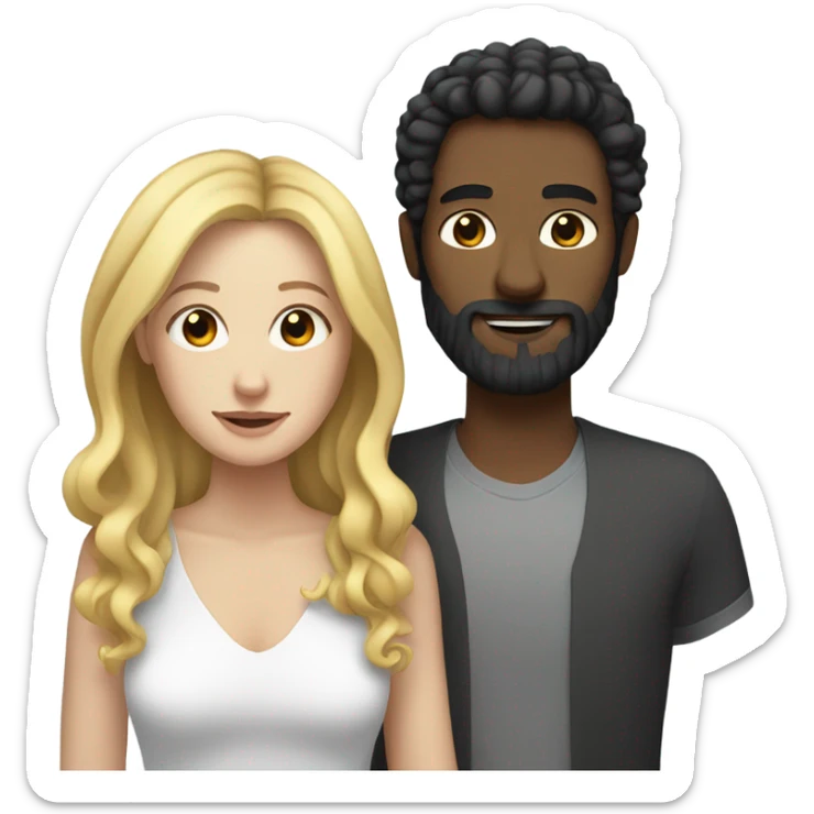 white woman with curly black hair together with a bearded white man sticker