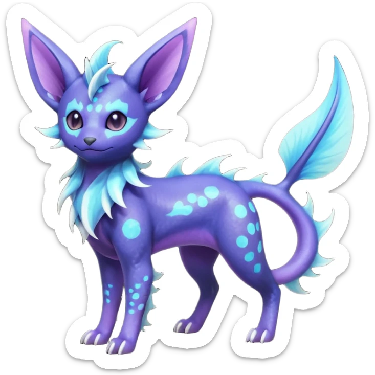 Rare realistic purple indigo violet nebulae shiny sparkly dark-neon glowing bioluminescent edgy badass epic pretty beautiful handsome gorgeous aesthetic colorful vibrant Vernid-Trico-Vaporeon-Espeon-species-Fakemon-creature by LiLaiRa, 4 legs, 1 tail, random markings, (full body) sticker