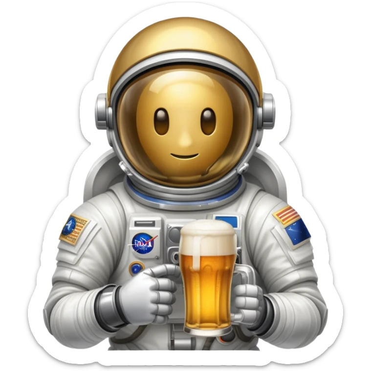 a full astronaut space suit with a pint of delicious beer inside it instead of a human, the glass of beer visible through the helmet sticker