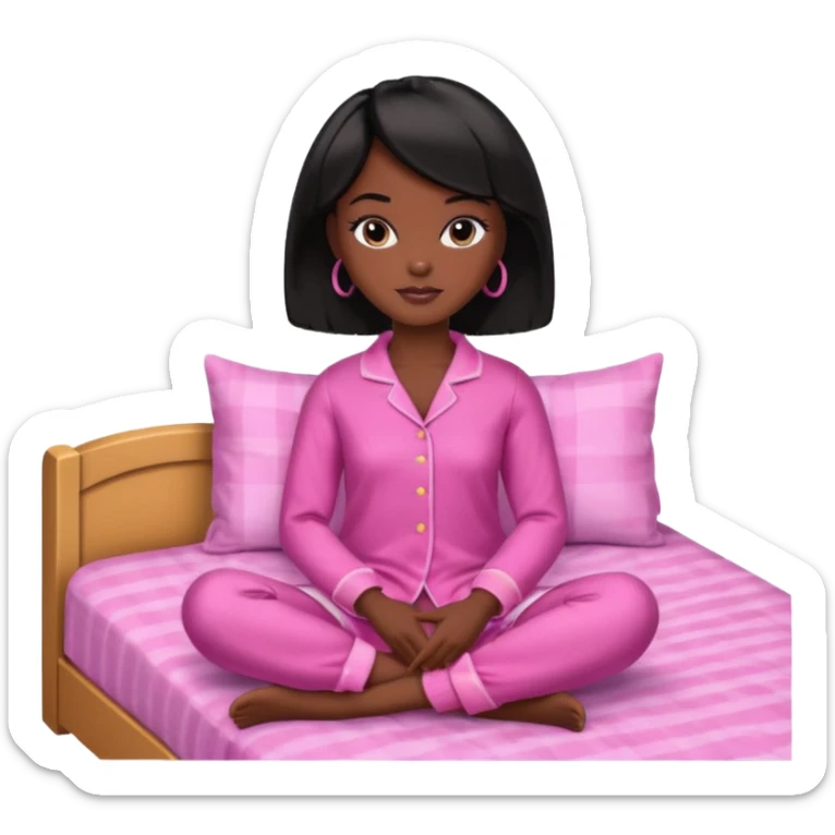 Dark skin Black barbie, short  black bob  hair, pink pajamas in bed  sticker