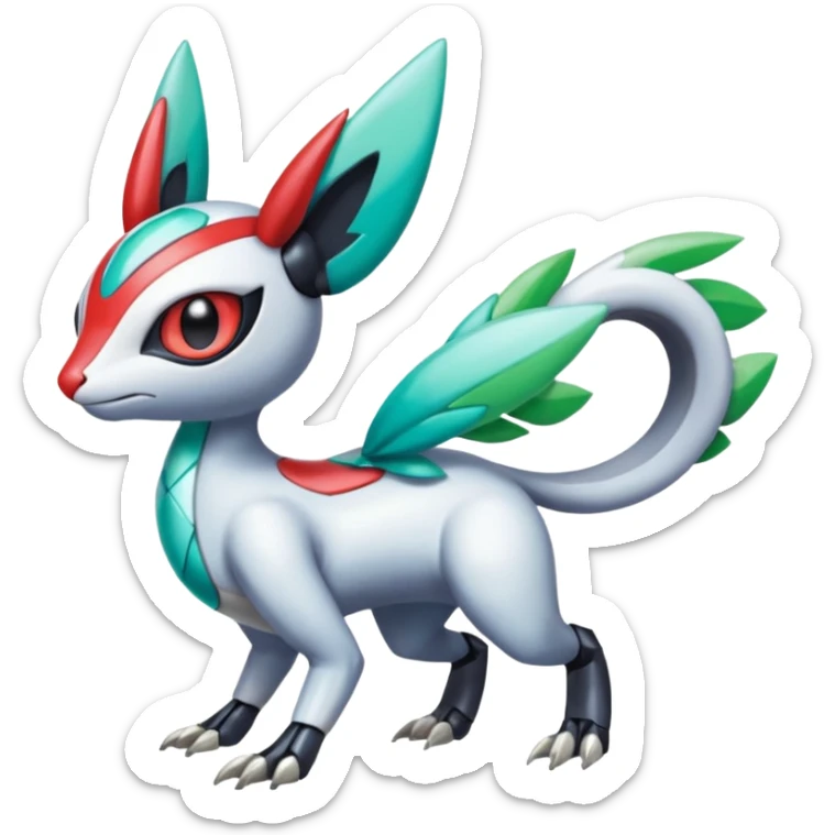 Shiny Colorful Futuristic Cyber-Vernid-Trico-Meloetta-Latias-Koraidon-Peppercat-Protogen-Pokémon-Digimon-Fakémon-fusion-hybrid-creature sticker