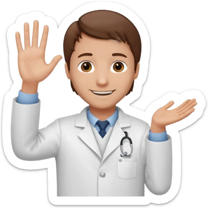 Radiografía de mano sostenida por un hombre con bata blanca  piel clara cabello café saludando sticker