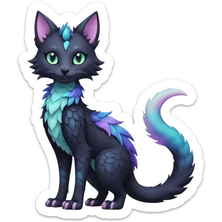 Kawaii black pastel iridescent beautiful pretty elegant divine edgy fantasy feline-vernid-sergal-fursona animal creature with a tufted tail full body with intricate markings  sticker