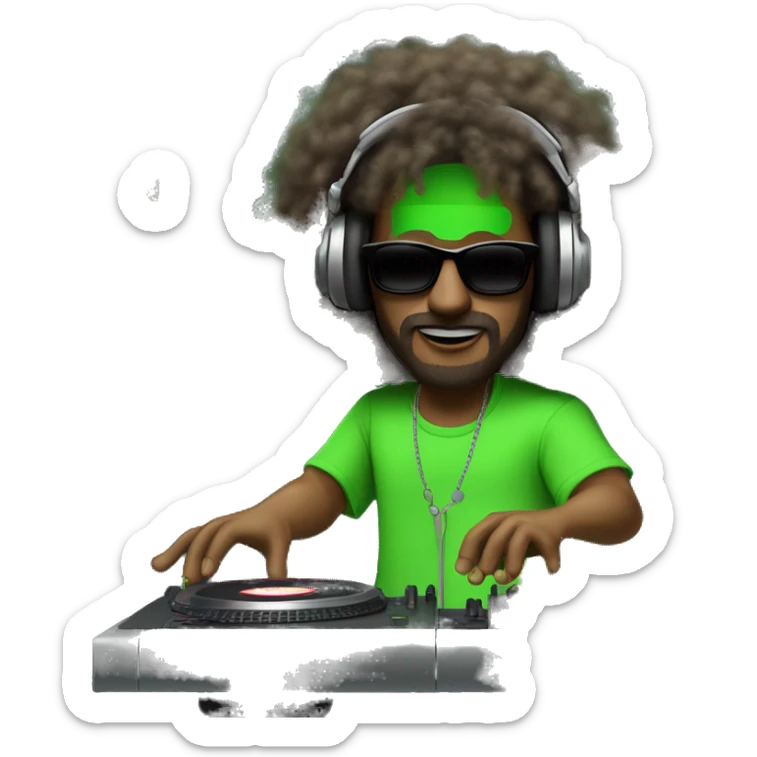 tall white dj man with long frizzy hair, shades, headphones and an electric green shirt on that says “CHANTS”, on a mixer turntable sticker